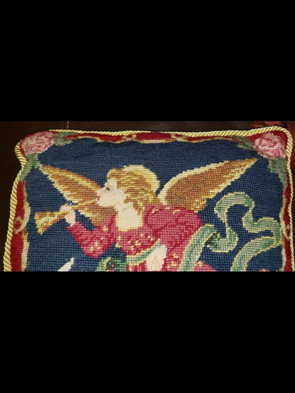 Vintage Christmas Angel Wool Needlepoint Pillow